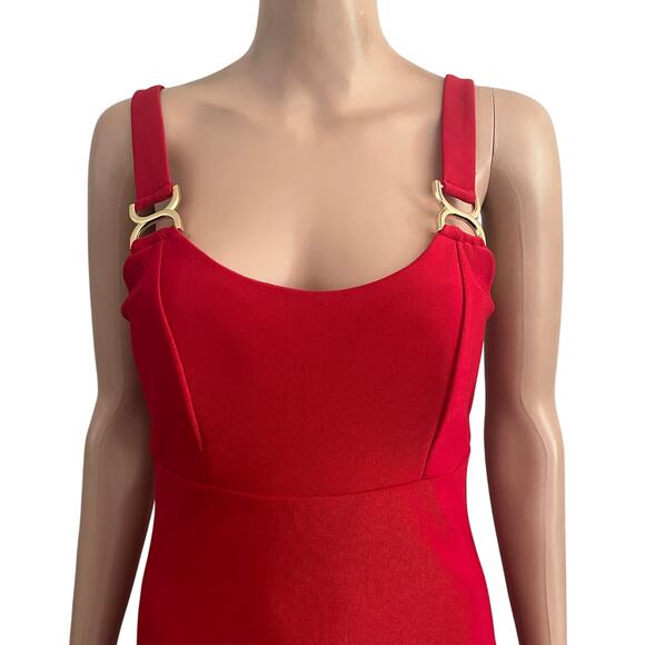 ROW A Red Bodycon Mini Dress Womens Large Gold Buckle Cocktail PArty - Picture 11 of 16